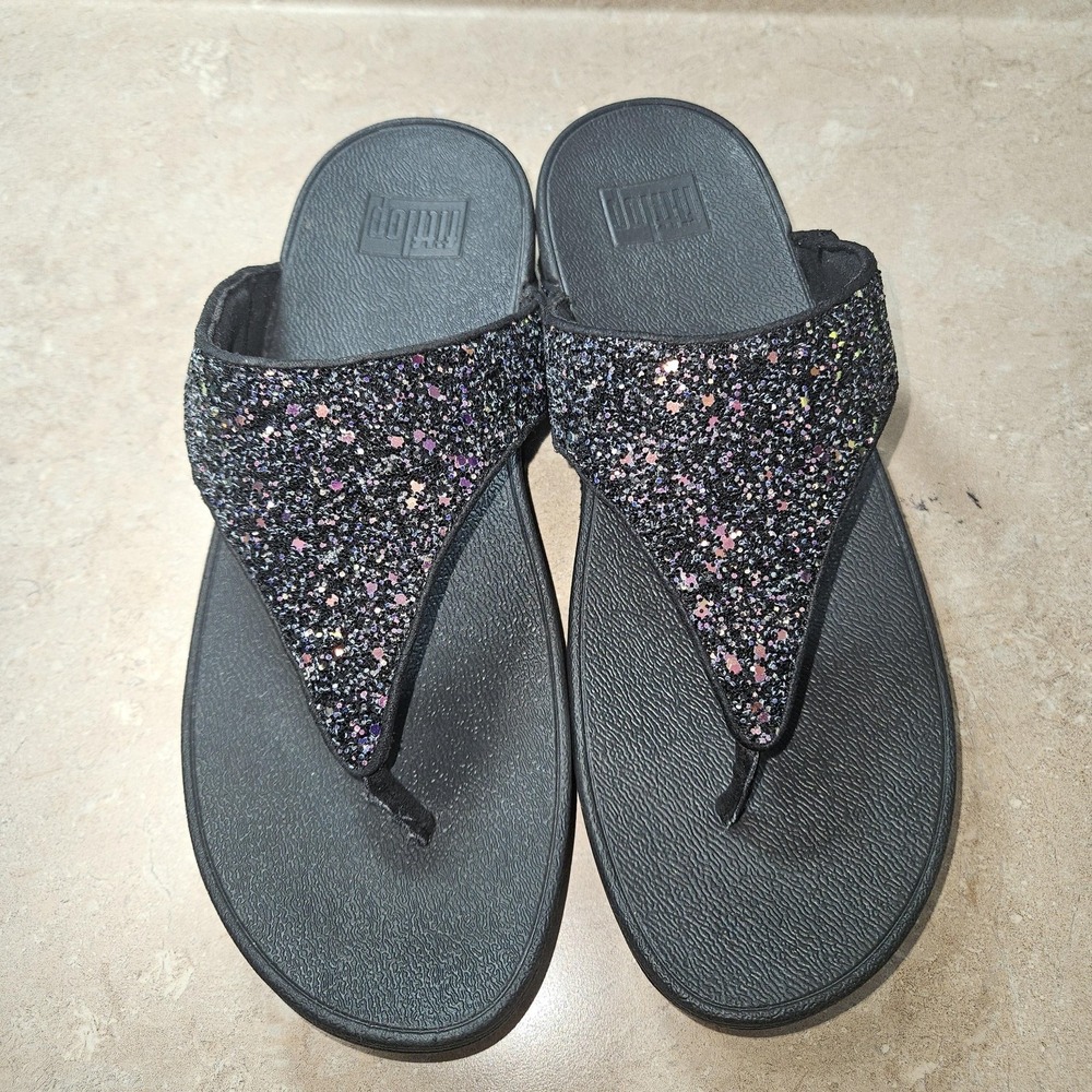 FitFlop Shoes‎ Women 10 Black Glitter Wedge Flip Flop Sandals X03-231 Comfort - Picture 6 of 8